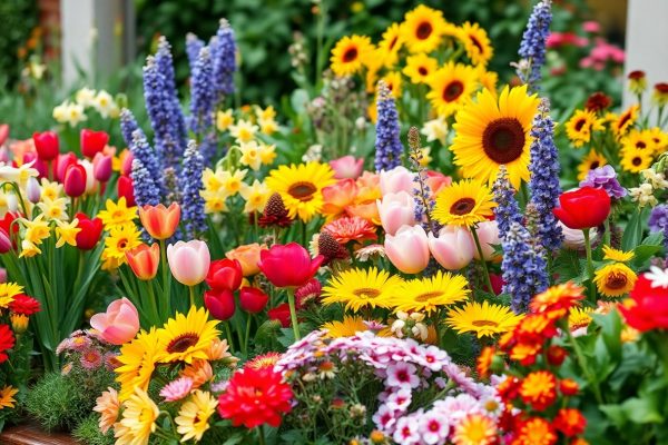 A vibrant garden filled with a variety of colorful flowers, including sunflowers, tulips, daisies, and lupines, blooming together in lush green surroundings.
