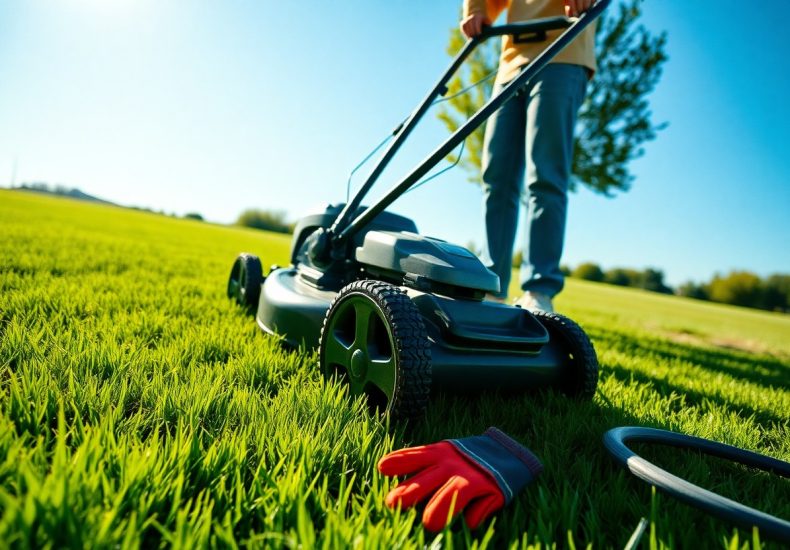A person pushes a lawn mower across a green lawn on a sunny day. Red gardening gloves lie in the grass nearby, and a tree is visible in the background. The scene suggests outdoor yard work.