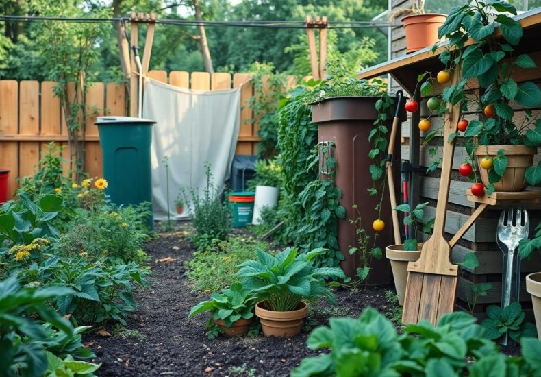 A backyard garden with various green plants and herbs, potted strawberries, and climbing tomato vines. Garden tools hang on a wooden shed, and compost bins are placed near a wooden fence in the background.